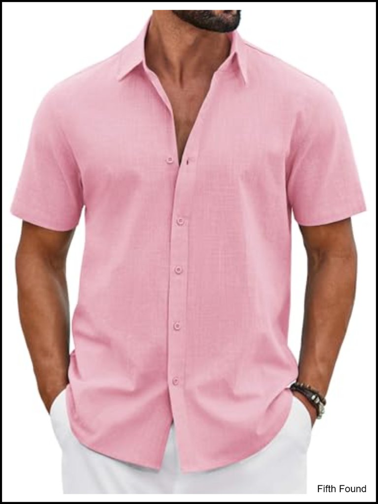 Mens Button Down Shirt Short Sleeve Casual Cotton Beach Wedding Linen